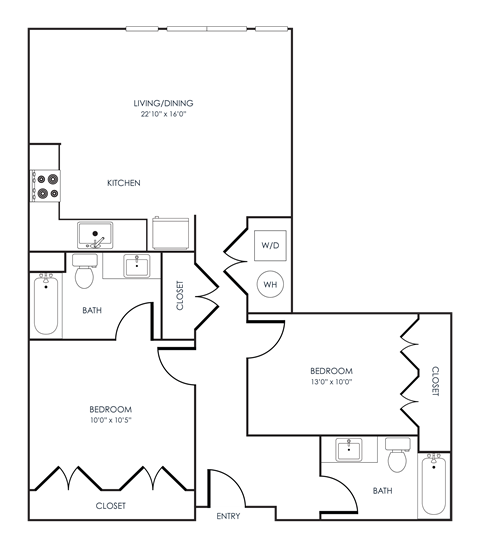 Floor plan for 2 beds, 2 baths, 946 sqft